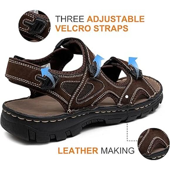 Jousen Mens 13 Brown Sandals Faux Leather Open Toe Hook Loop & Fastener Shoes - Picture 3 of 9